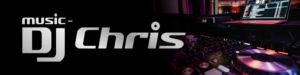 Bannerbild von Music DJ Chris auf schwarzem Hintergrund, rechts Mischpult sichtbar, Schrift grau/silber
