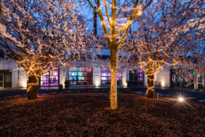 Innenhof der Feuerhalle Euskirchen mit Lichterketten im Außenbereich