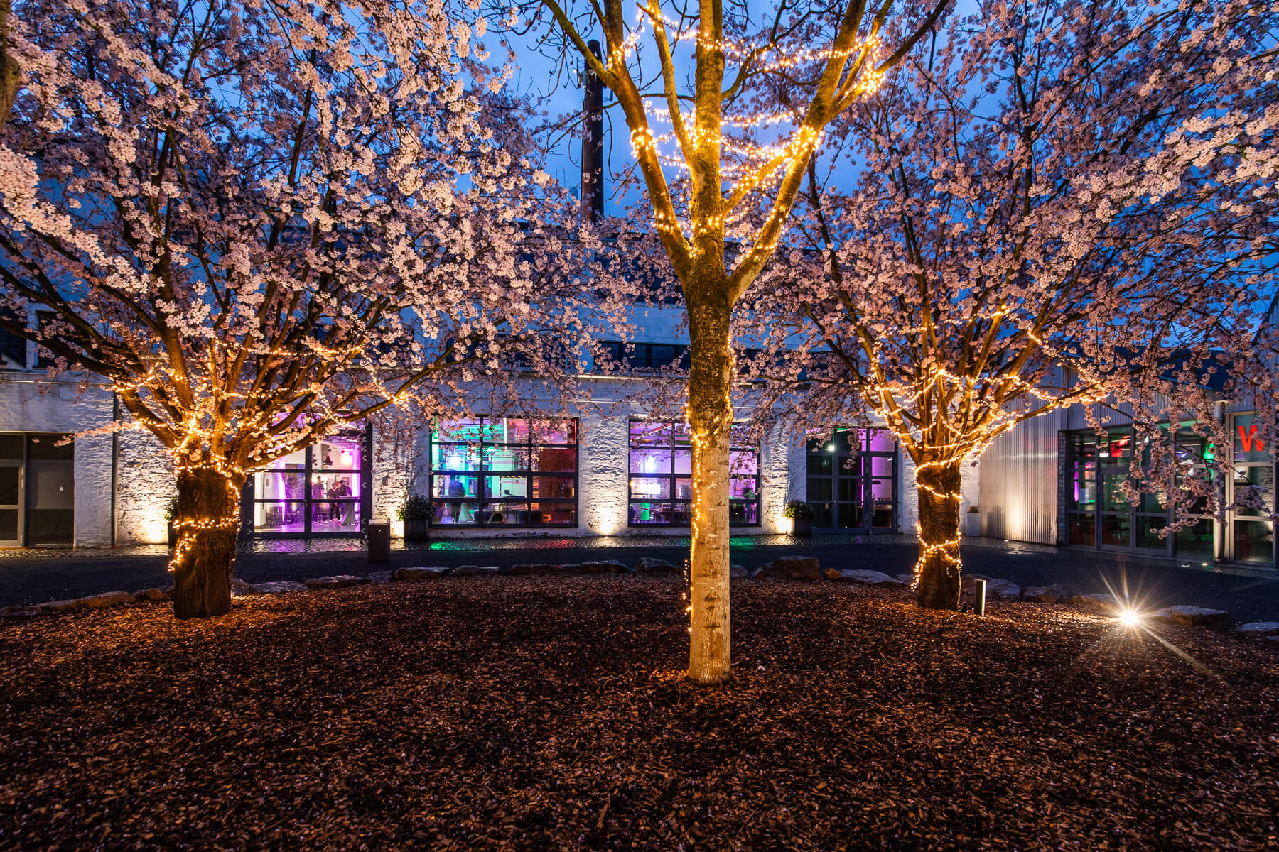 Feuerhalle - die Eventlocation in Euskirchen Außenbereich der Eventlocation mit Lichterketten für Empfänge