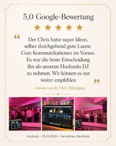 5,0 Google-Bewertung für Hochzeits DJ Chris im Herrenhaus Buchholz mit Fotos der Hochzeitsparty