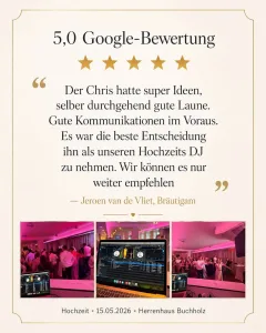 5,0 Google-Bewertung für Hochzeits DJ Chris im Herrenhaus Buchholz mit Fotos der Hochzeitsparty