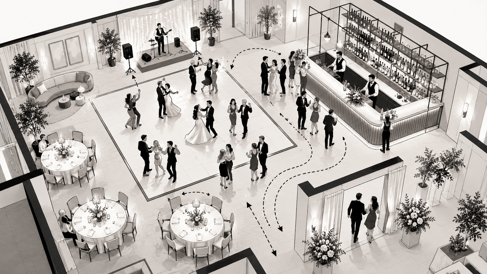 Illustration einer Hochzeitslocation mit Bar und Tanzfläche im selben Veranstaltungsraum