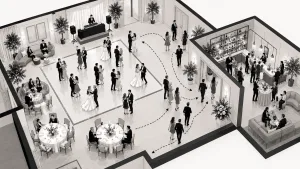 Illustration einer Hochzeitslocation mit Tanzfläche und Bar in einem separaten Raum