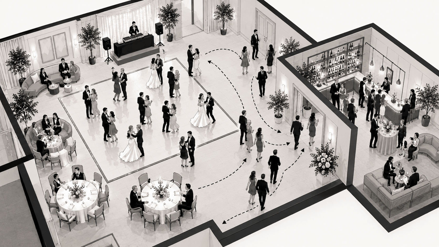 Illustration einer Hochzeitslocation mit Tanzfläche und Bar in einem separaten Raum