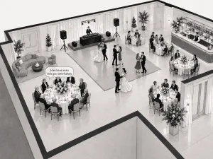 Illustration einer Hochzeit mit einem Gästetisch in ausreichendem Abstand zur Tonanlage und dem Hinweis „Hier kann man sich gut unterhalten.