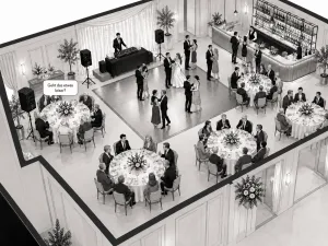 Illustration einer Hochzeit mit einem Gästetisch direkt neben dem Lautsprecher und dem Hinweis „Geht das etwas leiser?