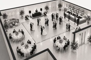 Illustration einer Hochzeit mit zwei Stageventilatoren zur Luftbewegung auf der Tanzfläche
