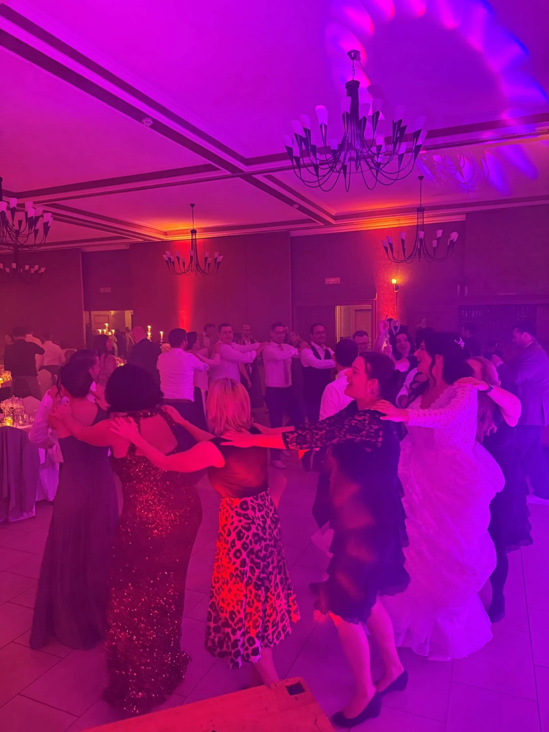 Hochzeitsgäste tanzen in einer Polonaise auf der Tanzfläche im Waldhotel Rheinbach
